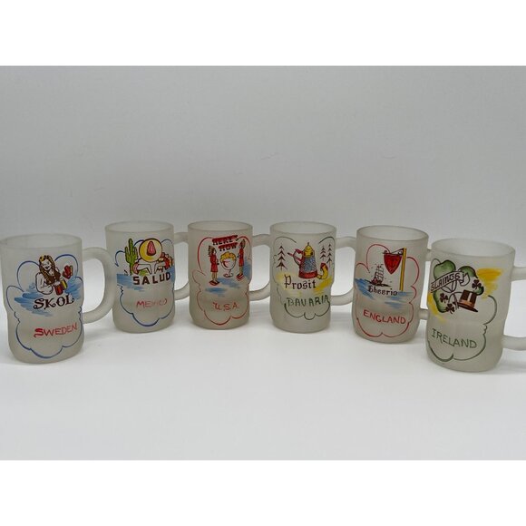 Set Of 6 Vintage Frosted Glass Mugs - International Greetings Design - Picture 1 of 10